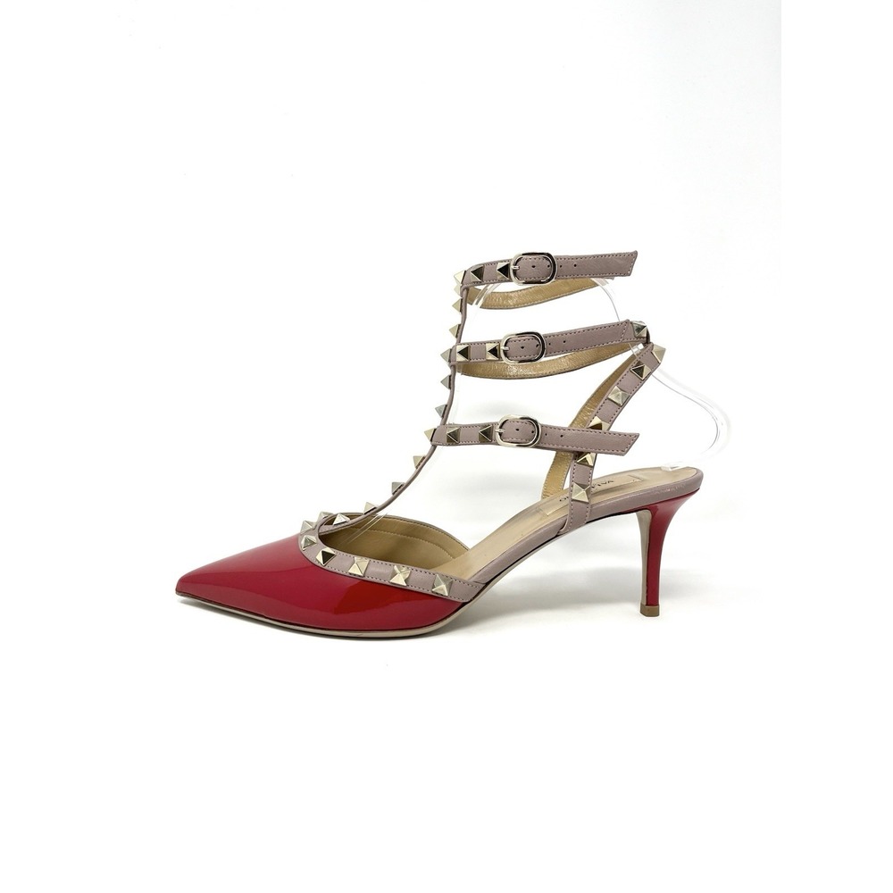 Valentino Garavani Rockstud Caged Slingback High Heels Pumps Red Patent 40.5
